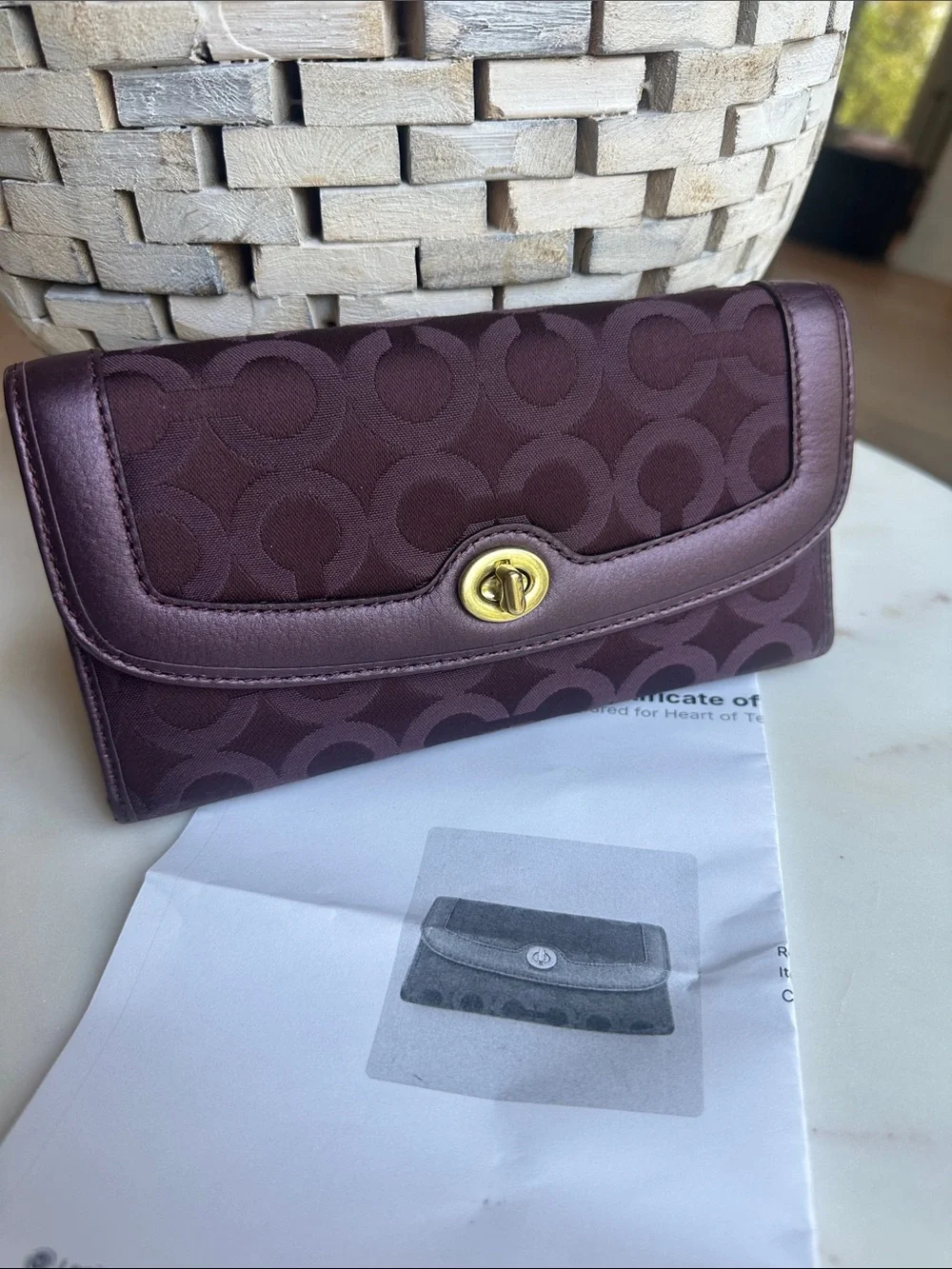 Coach Plum Signature Turnlock Continental Wallet with Gold Hardware